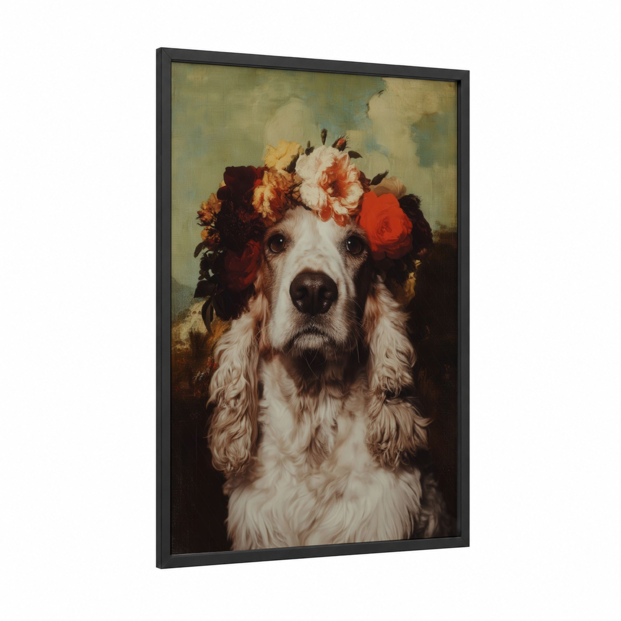 Floral Spaniel Portrait framed art print — black wood frame — cream and maroon palette