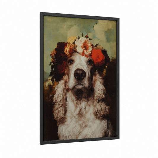 Floral Spaniel Portrait framed art print — black wood frame — cream and maroon palette