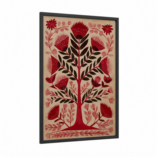 Crimson Botanical Tree framed abstract flower print — black wood frame — red and cream palette