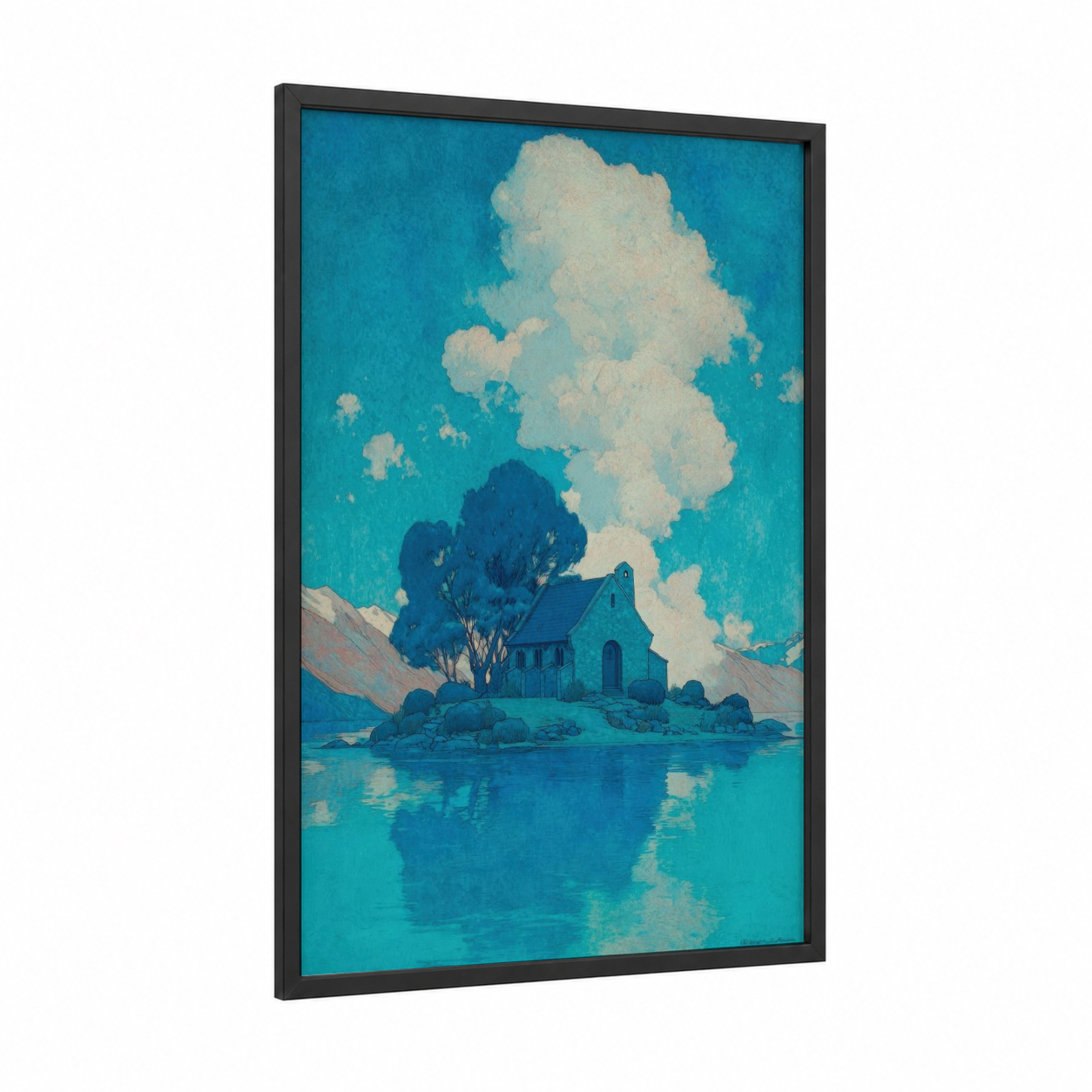 Turquoise Chapel Reflection framed churches and chapels print — black wood frame — turquoise and white palette