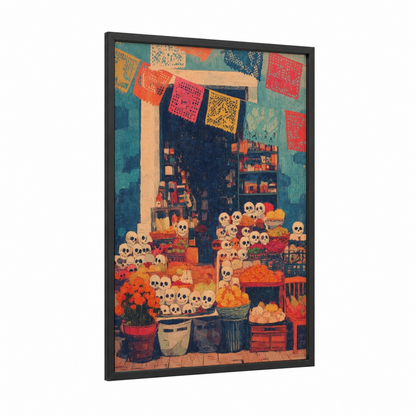 Dia de los Muertos Market framed art print — black wood frame — orange and teal palette