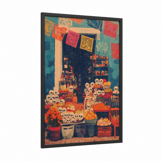 Dia de los Muertos Market framed art print — black wood frame — orange and teal palette