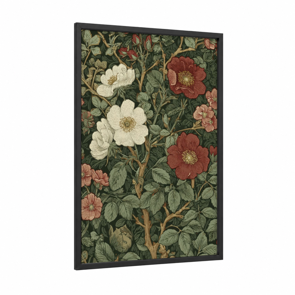 Cottage Garden Blooms framed flower field print — black wood frame — dark green and cream palette