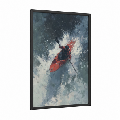 Red Kayak Rush framed kayaks and canoes print — black wood frame — red and blue and white palette
