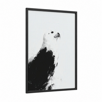Snowy Seal Portrait framed art print — black wood frame — black and white palette