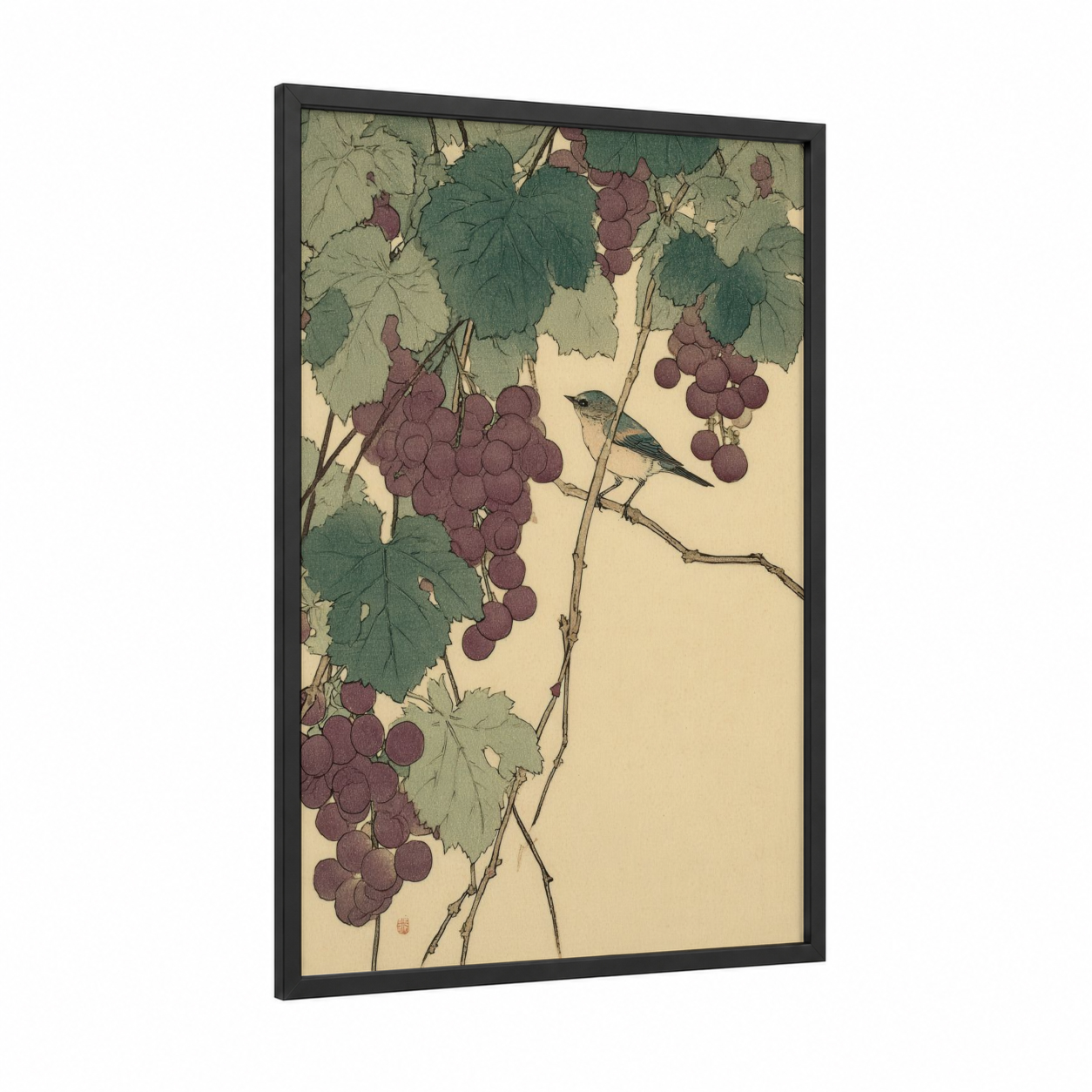 Vineyard Bird framed vineyards print — black wood frame — sage green and maroon palette