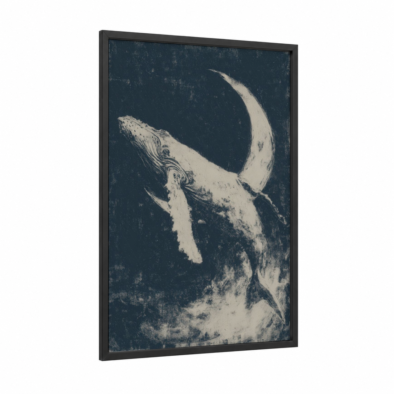 Ascending Humpback framed humpback whale print — black wood frame — blue and white palette