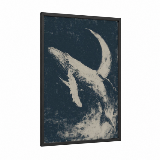 Ascending Humpback framed humpback whale print — black wood frame — blue and white palette