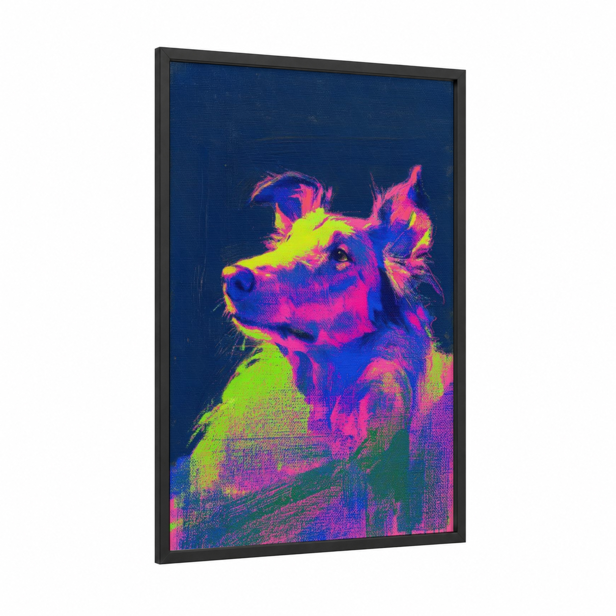 Neon Shepherd framed shepherd dogs and collies print — black wood frame — blue and magenta palette