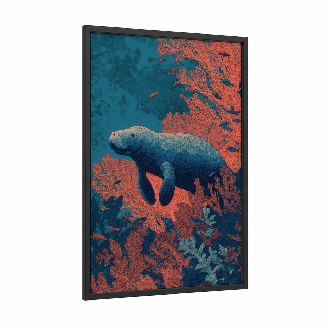 Coral Reef Manatee framed manatees print — black wood frame — teal and red palette