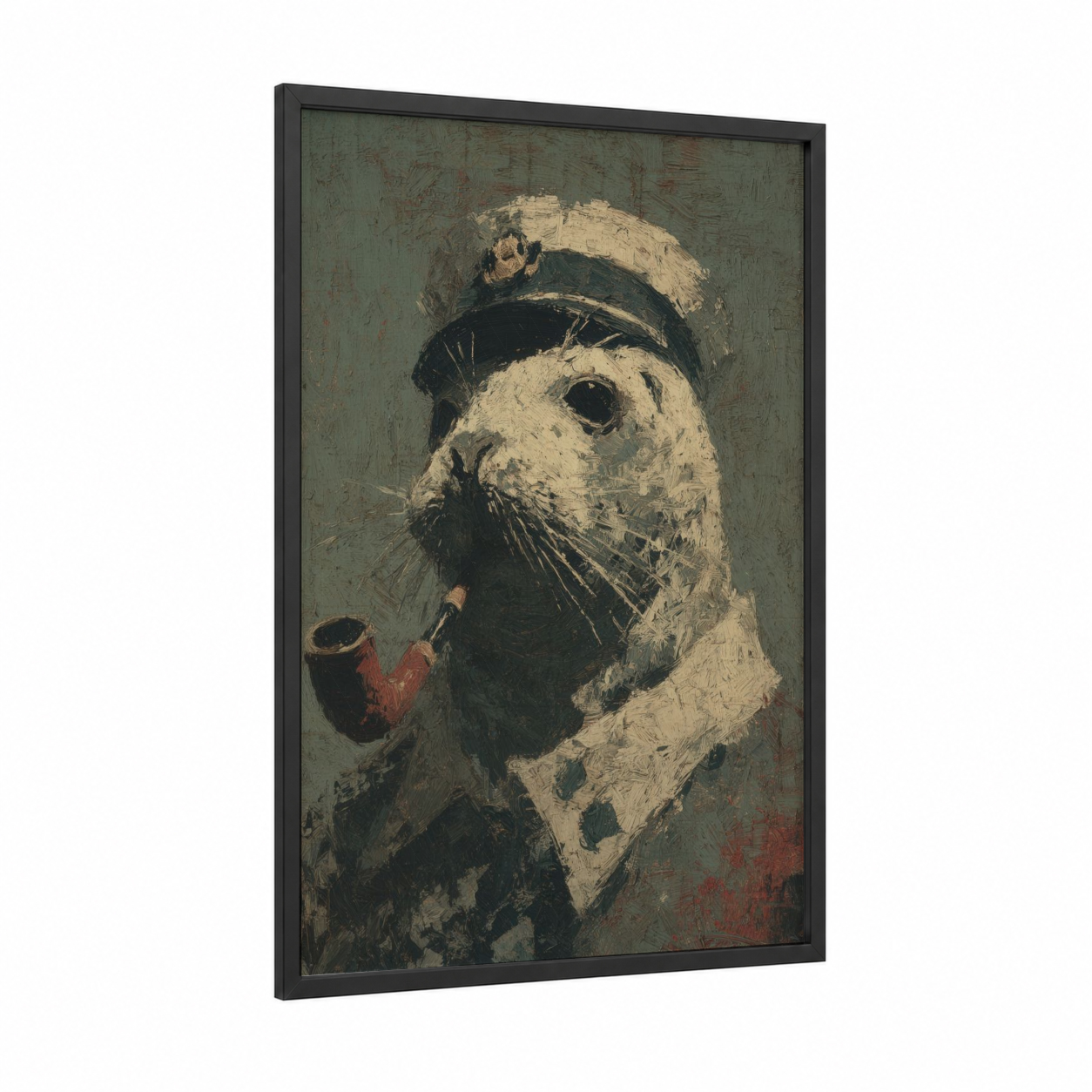 Sailor Seal framed art print — black wood frame — sage green and cream palette