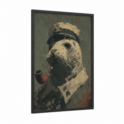 Sailor Seal framed art print — black wood frame — sage green and cream palette