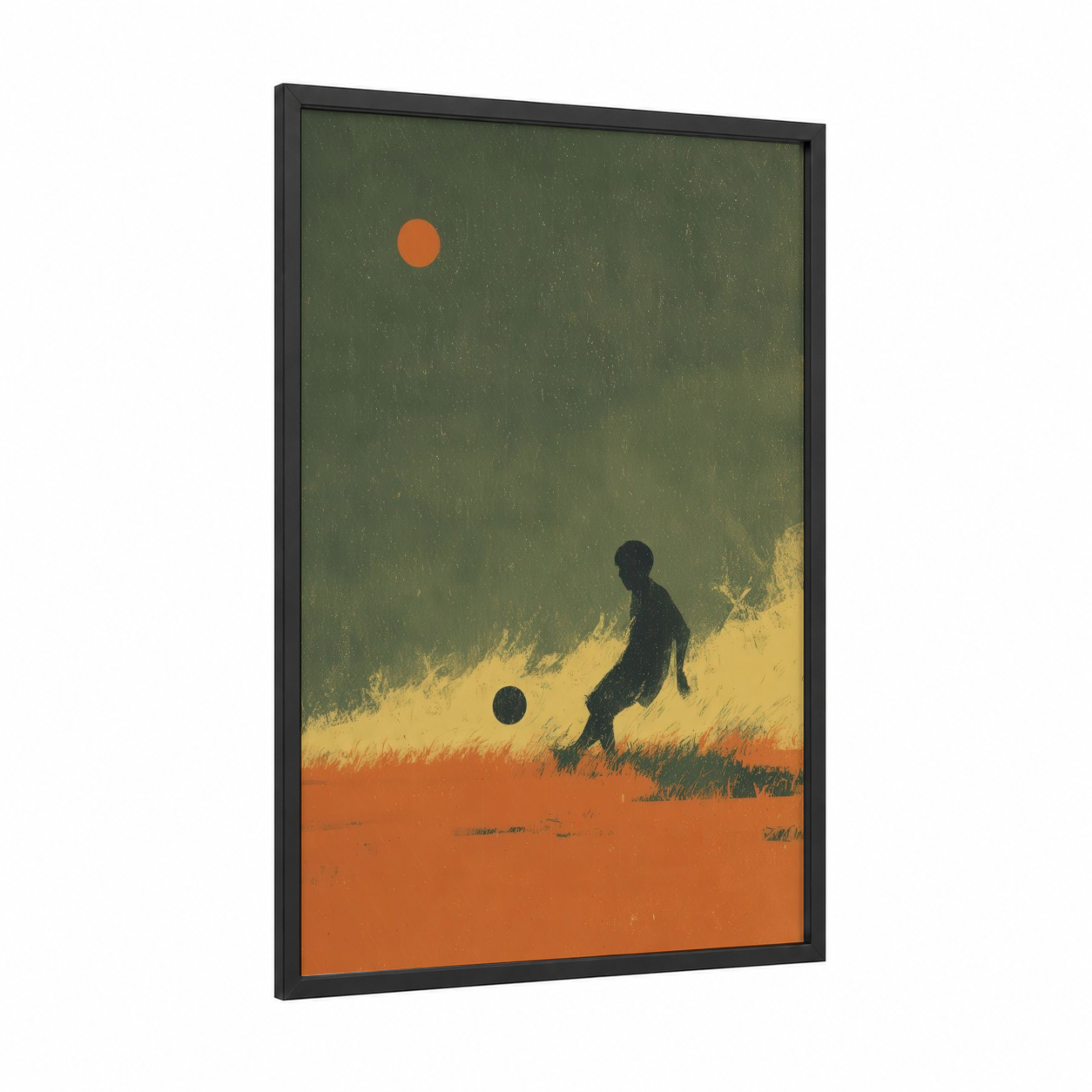 Desert Footballer framed soccer print — black wood frame — orange and green palette