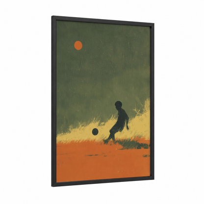 Desert Footballer framed soccer print — black wood frame — orange and green palette