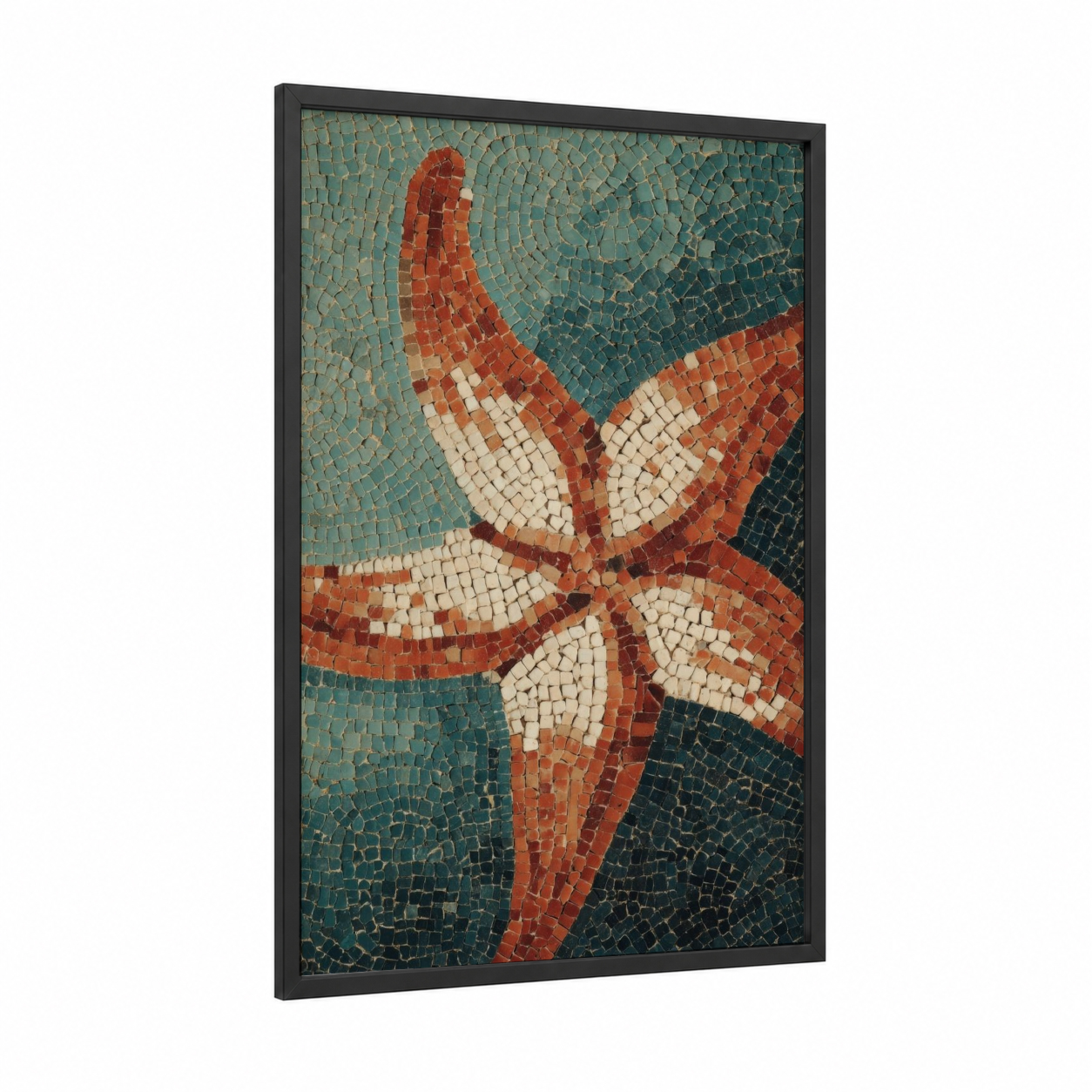 Coral Starfish Mosaic framed art print — black wood frame — teal palette