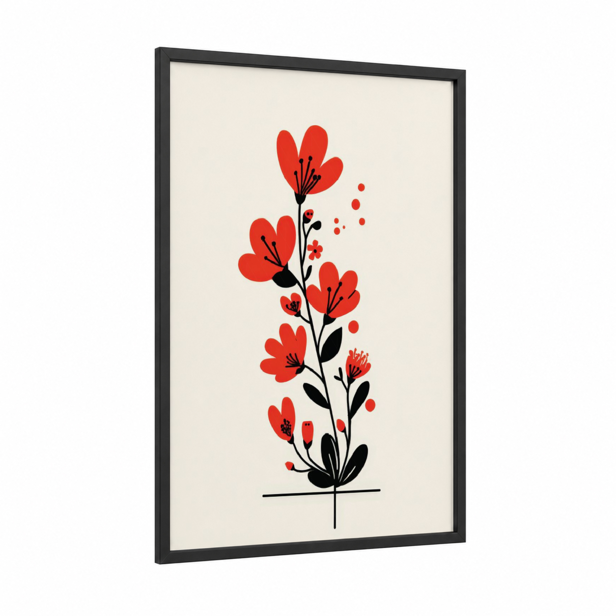 Scarlet Botanical framed abstract flower print — black wood frame — red and black and white palette