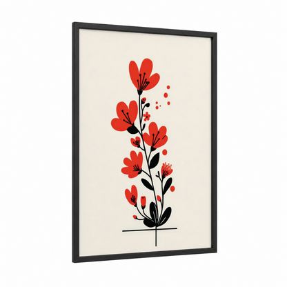 Scarlet Botanical framed abstract flower print — black wood frame — red and black and white palette