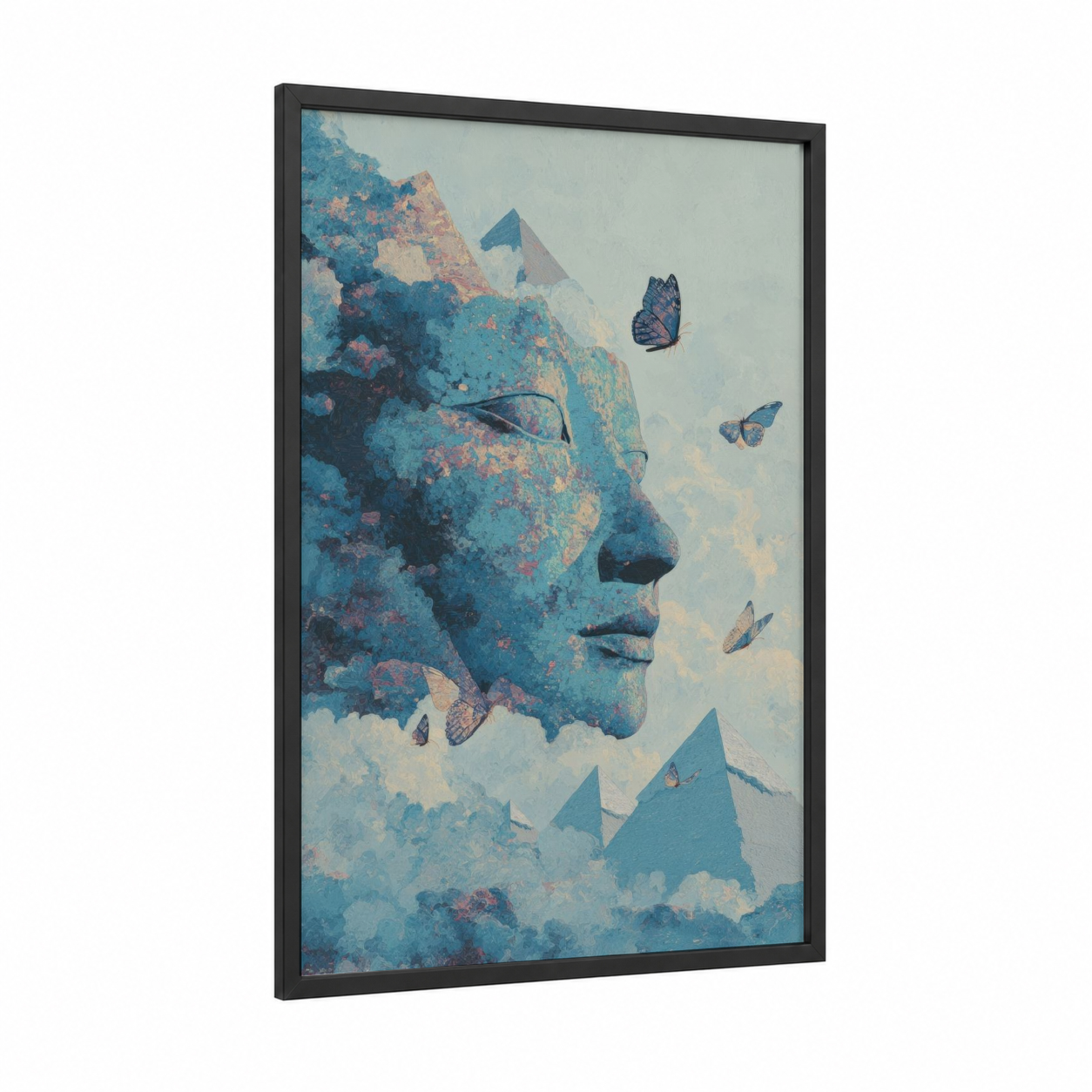 Ethereal Sphinx framed art print — black wood frame — blue and peach palette