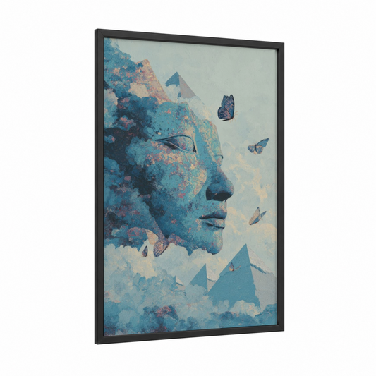 Ethereal Sphinx framed art print — black wood frame — blue and peach palette
