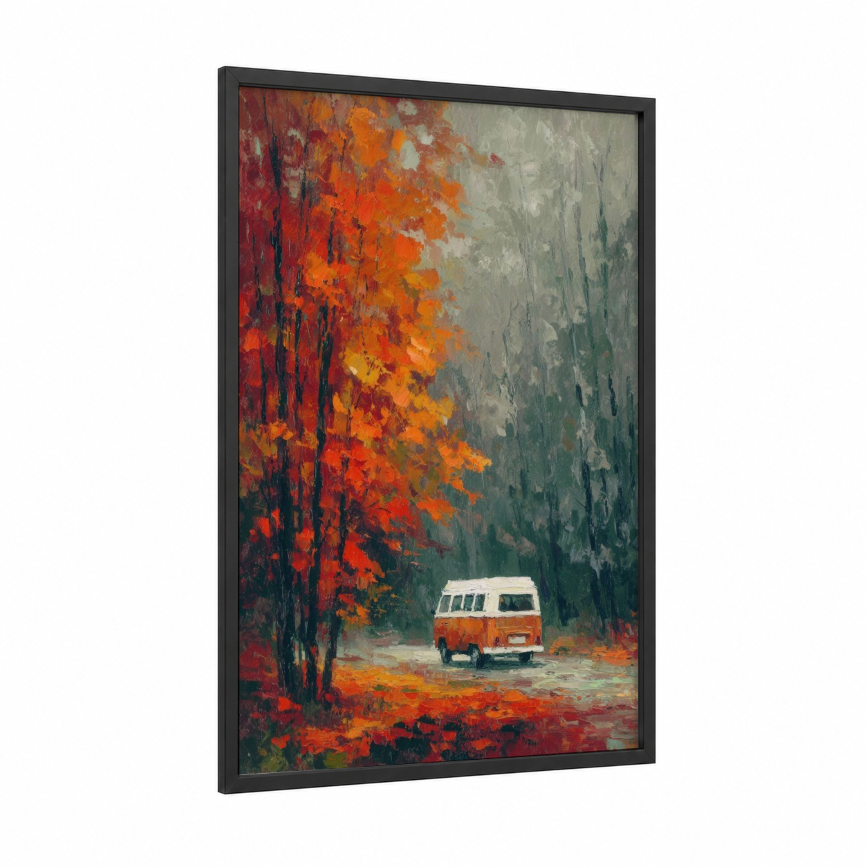 Autumn Van Journey framed art print — black wood frame — red and orange palette