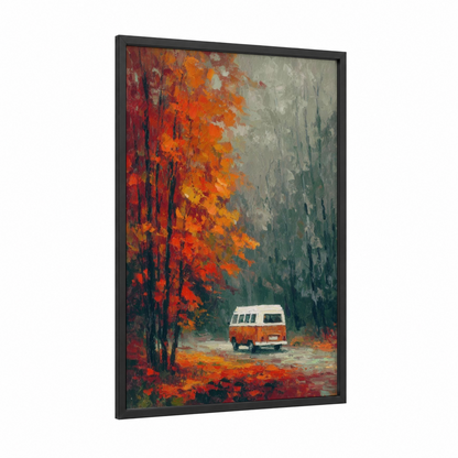 Autumn Van Journey framed art print — black wood frame — red and orange palette