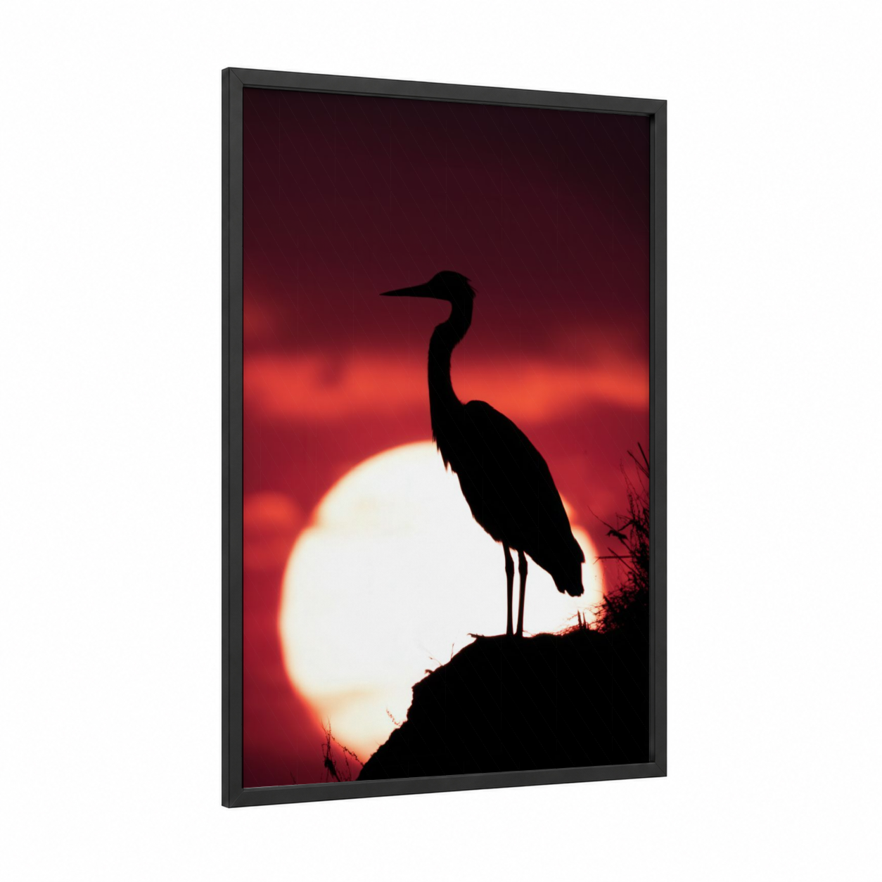 Sunset Heron framed art print — black wood frame — red and gold palette