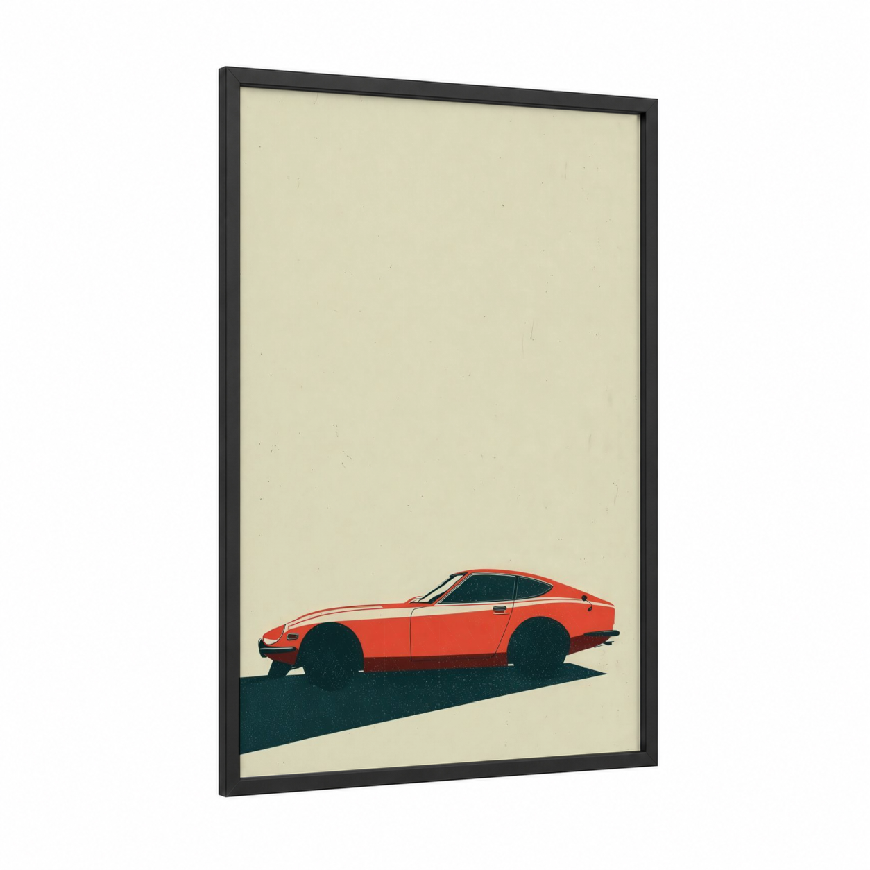 Crimson Speed framed sports car print — black wood frame — red and cream palette