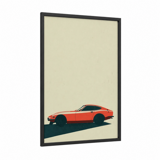 Crimson Speed framed sports car print — black wood frame — red and cream palette