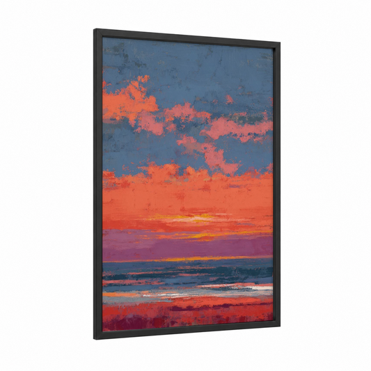 Crimson Sunset framed summer print — black wood frame — orange and blue palette