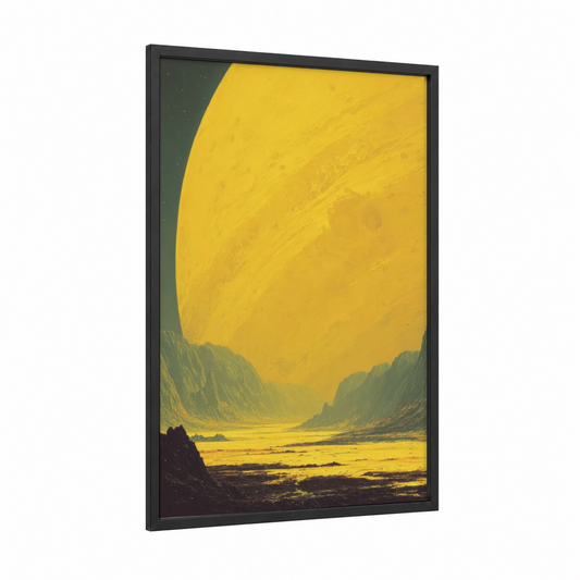 Golden Planet Rising framed solar system print — black wood frame — yellow gold and olive palette