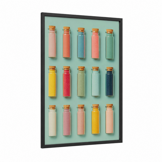 Colorful Spice Collection framed condiments print — black wood frame — peach and light green palette