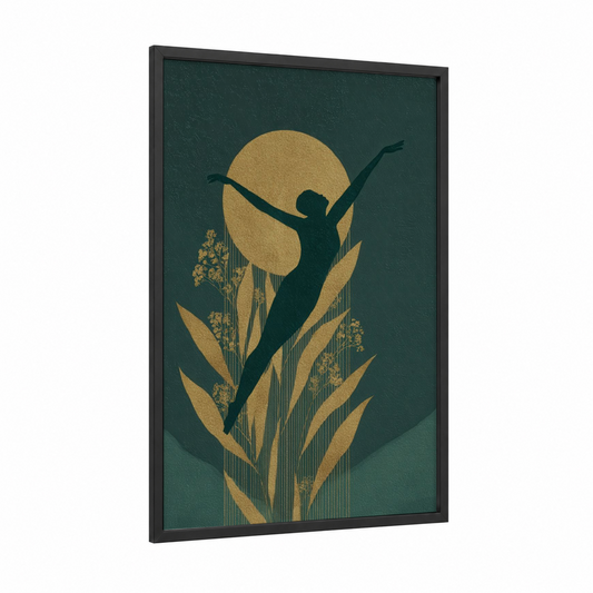 Golden Leap framed swimming print — black wood frame — gold and dark green palette