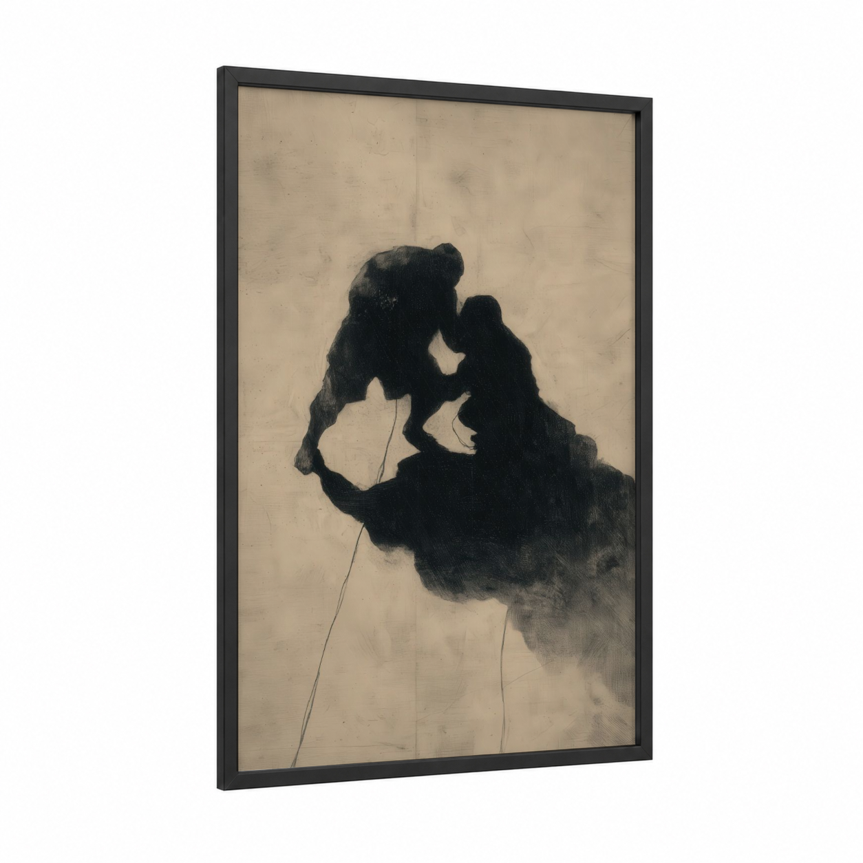 Intimate Wrestling framed art print — black wood frame — black and cream palette