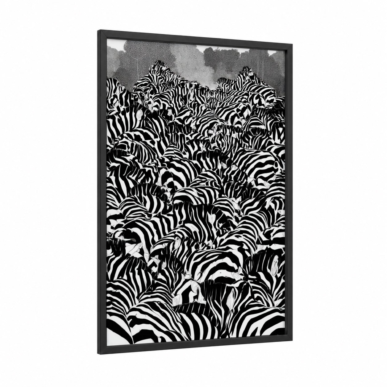 Zebra Herd Stampede framed art print — black wood frame — black and white palette