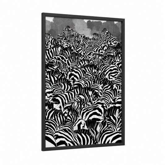 Zebra Herd Stampede framed art print — black wood frame — black and white palette