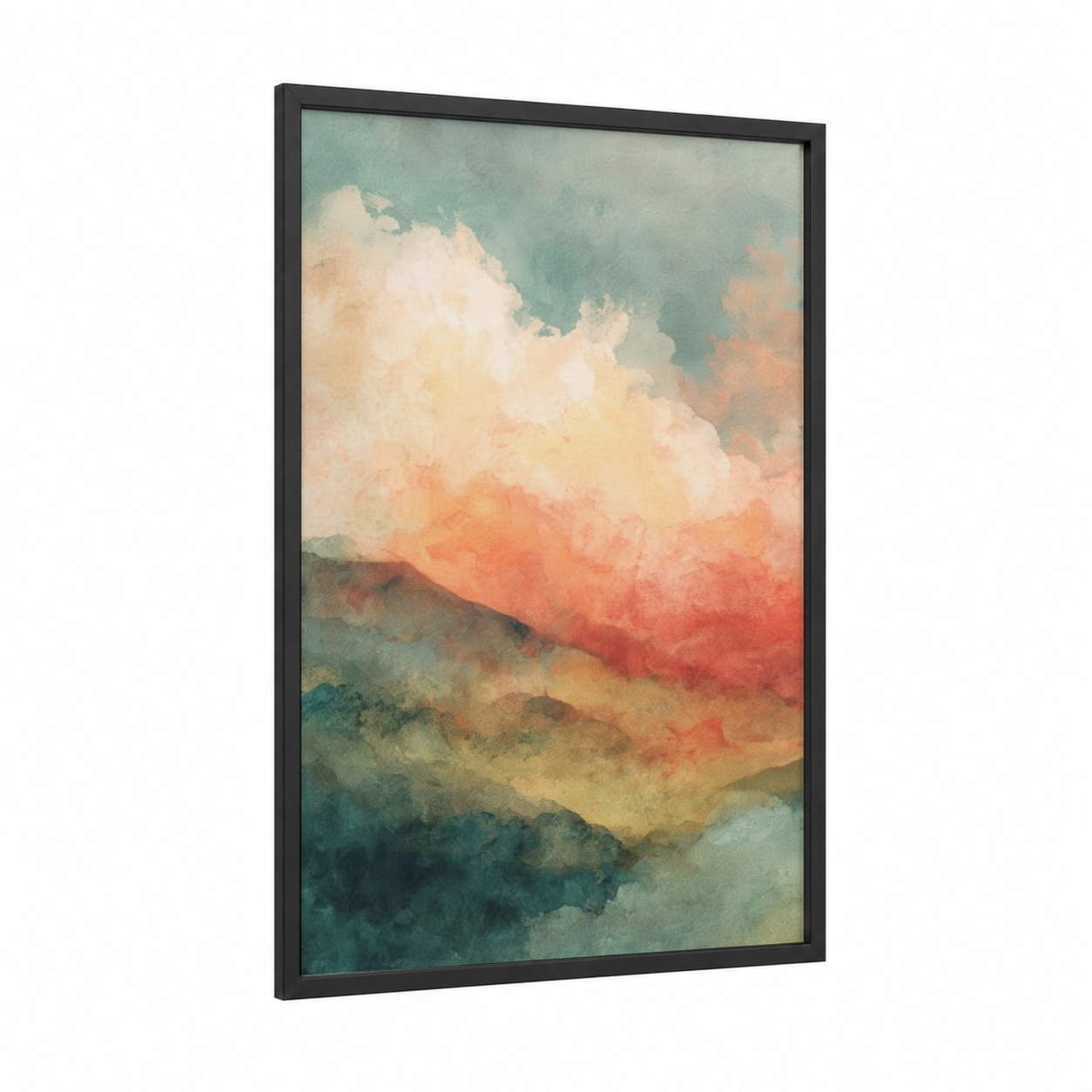 Dreamy Sky Rainbow framed art print — black wood frame — peach and teal palette