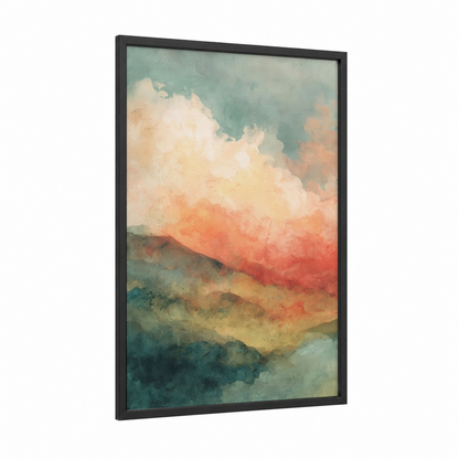 Dreamy Sky Rainbow framed art print — black wood frame — peach and teal palette
