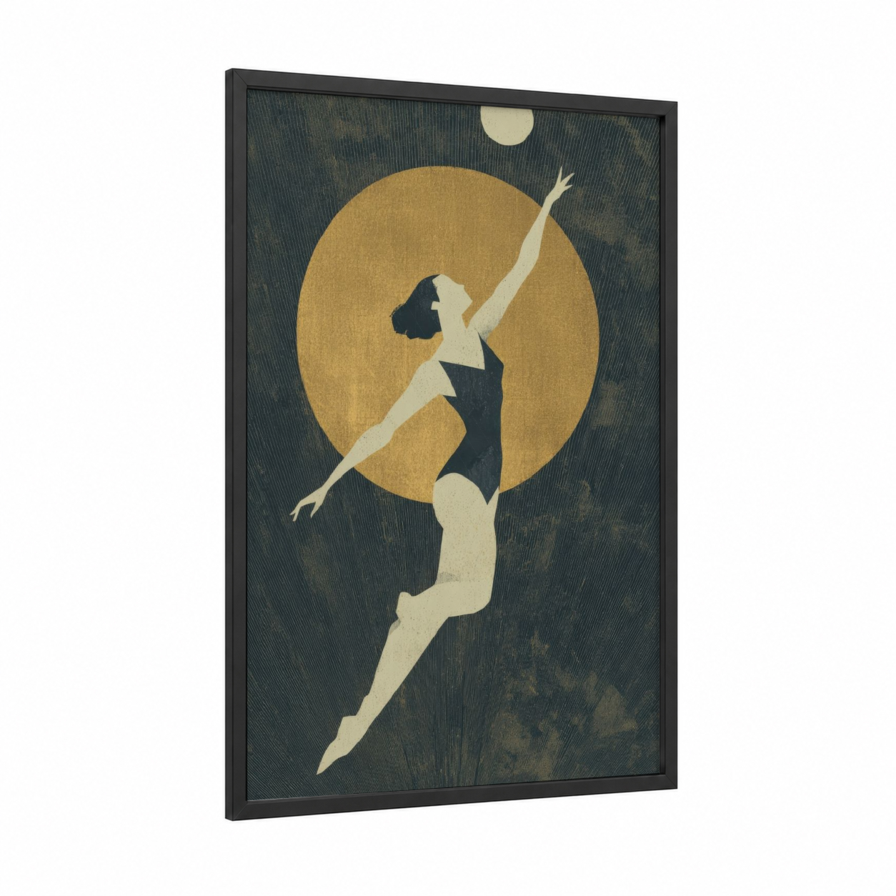 Moonlit Volleyball framed art print — black wood frame — gold and dove gray palette