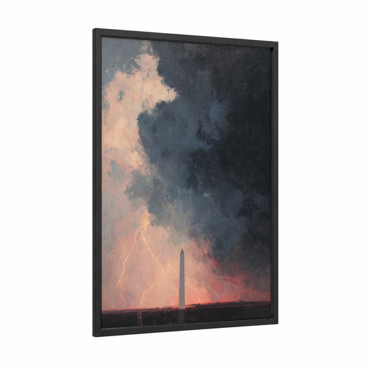 Stormy Monument framed washington monument print — black wood frame — black and gold and peach palette