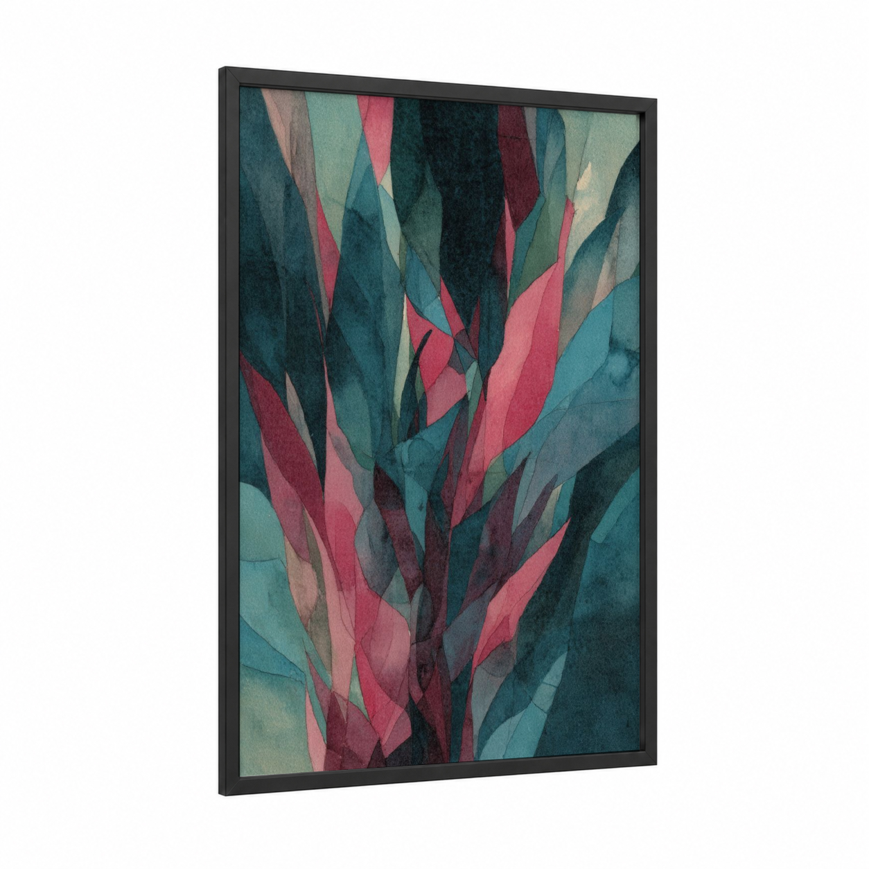 Crimson Anemone framed sea anemone print — black wood frame — teal and salmon pink palette