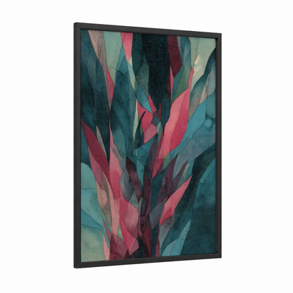 Crimson Anemone framed sea anemone print — black wood frame — teal and salmon pink palette