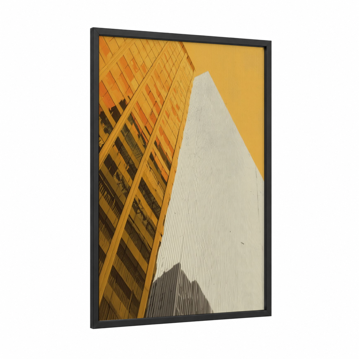 Golden Skyrise framed abstract architecture print — black wood frame — yellow gold and white palette