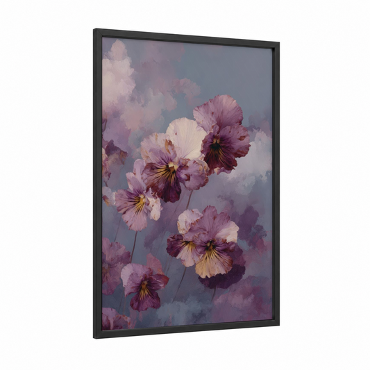 Lavender Cloud Violets framed art print — black wood frame — lavender and cream palette