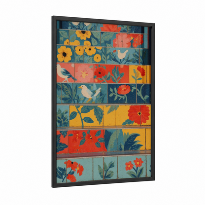 Botanical Staircase framed art print — black wood frame — blue and gold and red palette
