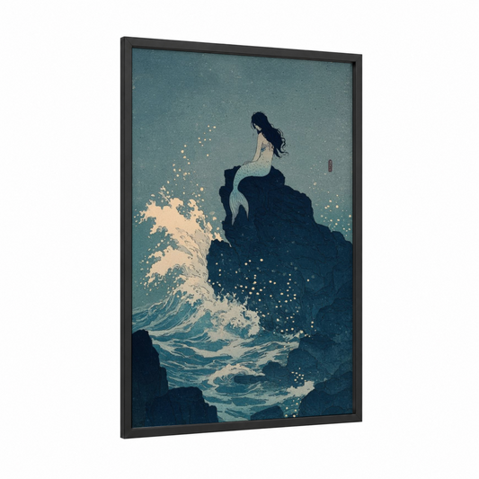Moonlit Mermaid framed art print — black wood frame — teal and gold palette