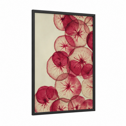 Radish Slices framed vegetable print — black wood frame — pink and cream palette