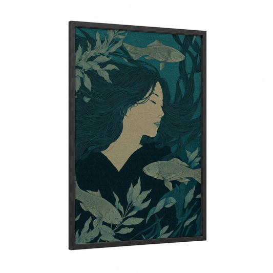 Underwater Siren framed art print — black wood frame — teal palette