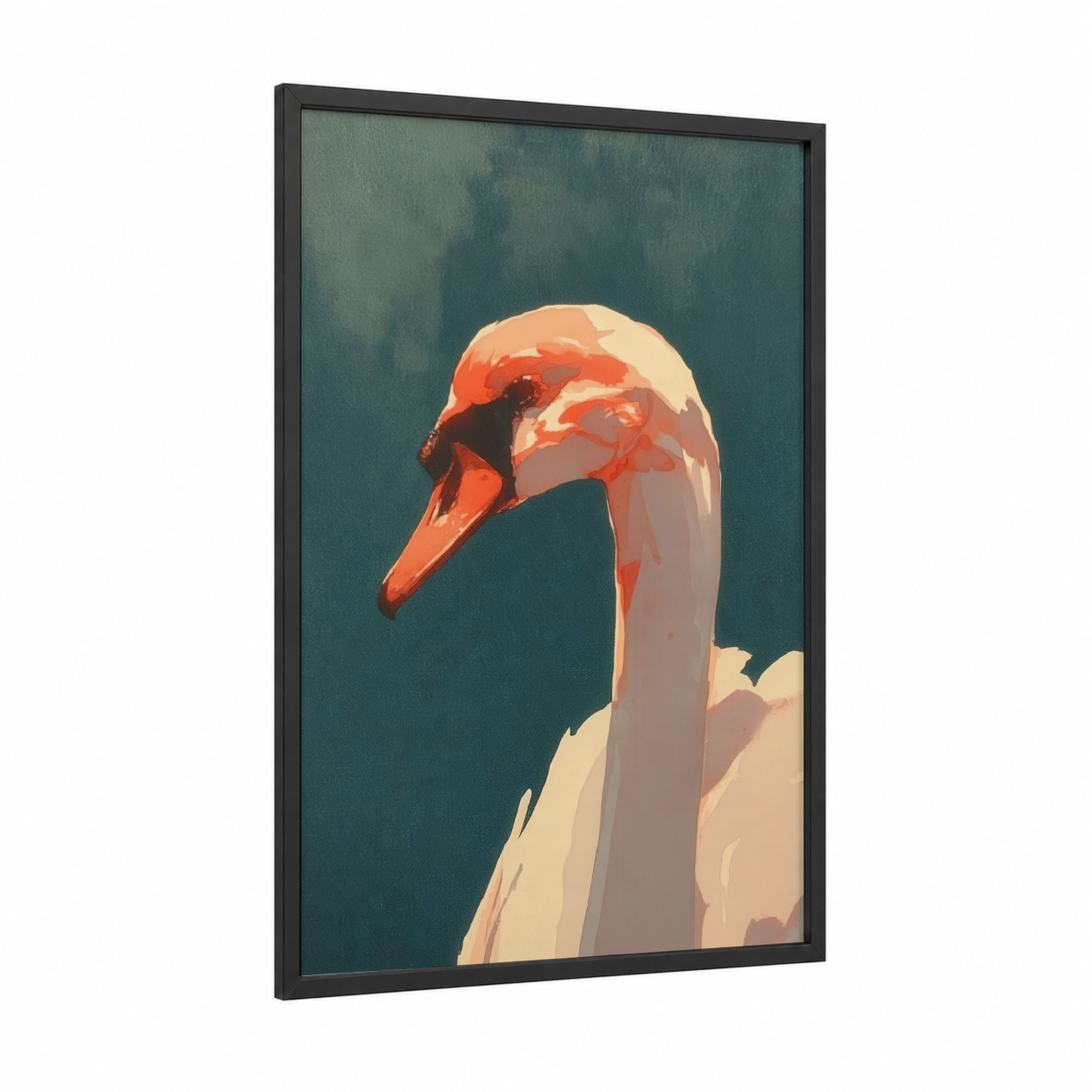 Crimson Swan Portrait framed art print — black wood frame — peach and teal palette
