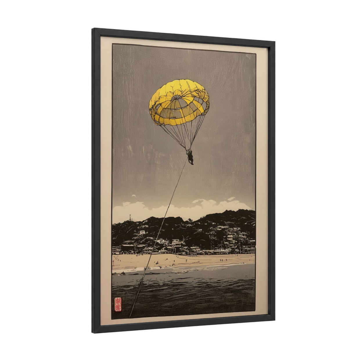 Yellow Parasail Descent framed parasailing print — black wood frame — yellow gold and black and white palette