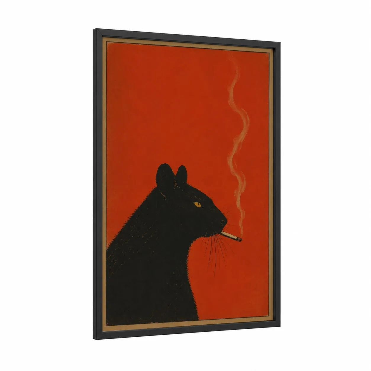 Black Cat Smoking Portrait Wall Art framed art print — black wood frame — orange and black palette